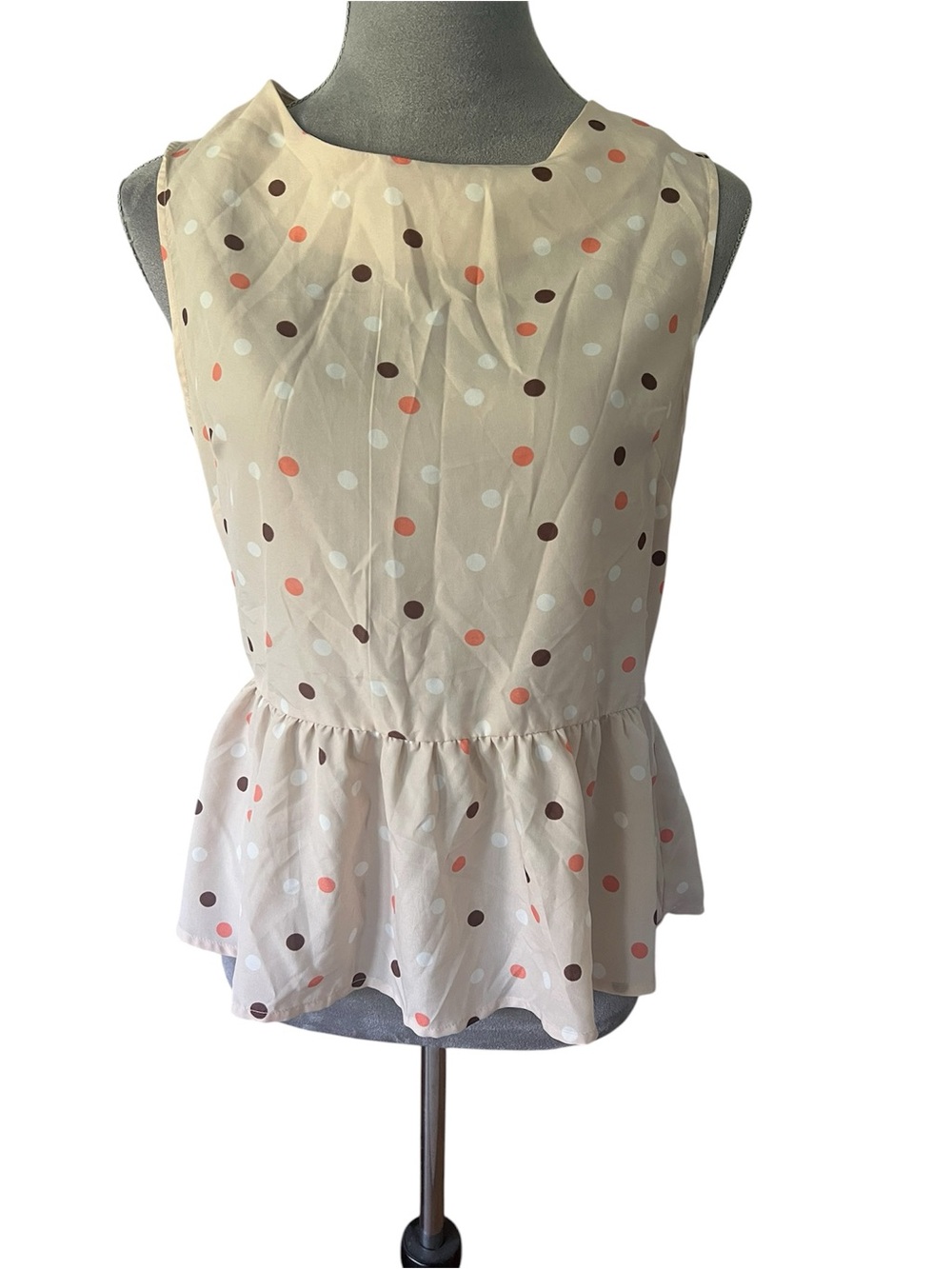 Forever 21 Cream Sleeveless Peplum Top with Coral & Brown Polka Dots